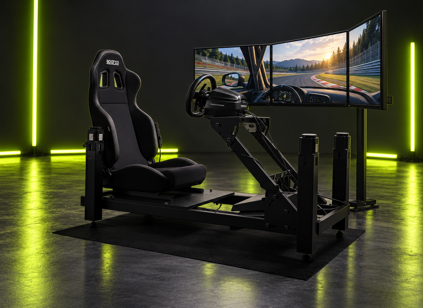 Illustration du simulateur dynamique Dynex dans un studio sombre avec éclairage vert, siège Sparco et triple écran